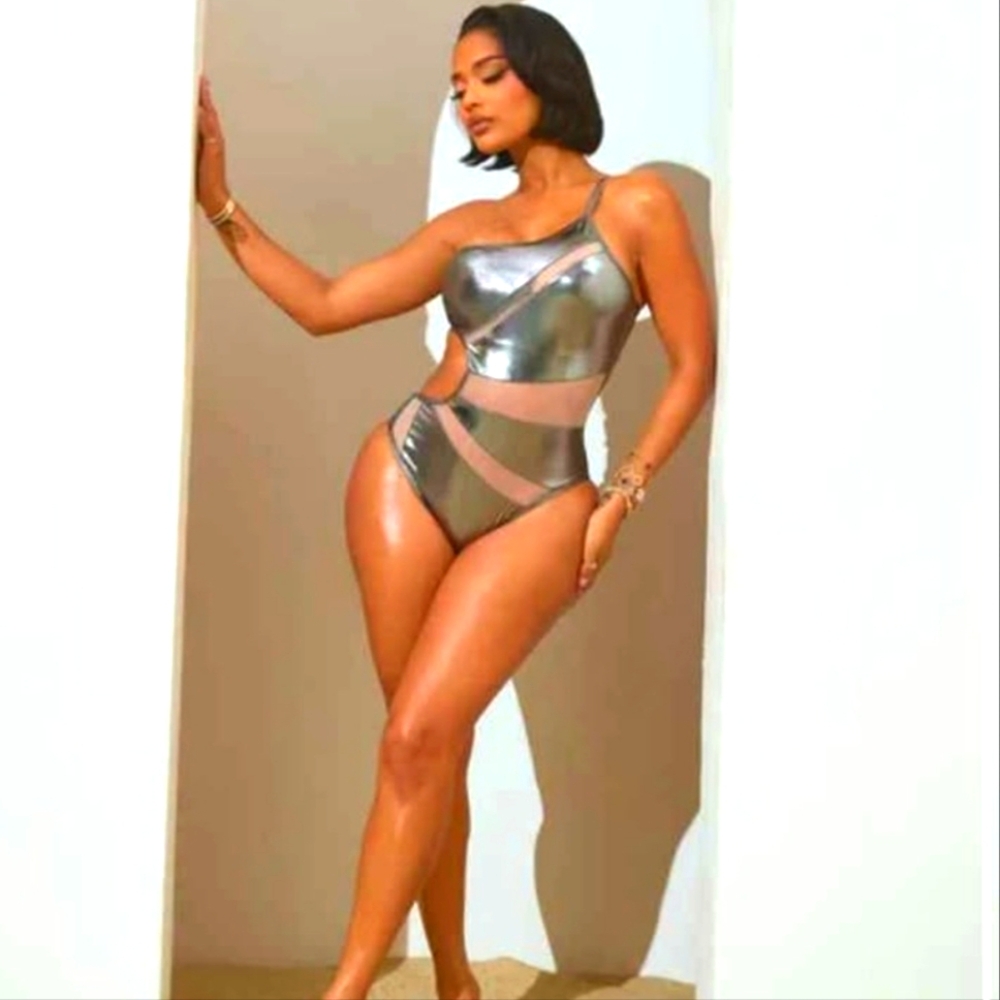 Fashion Nova Silver One-Shoulder Swimsuit